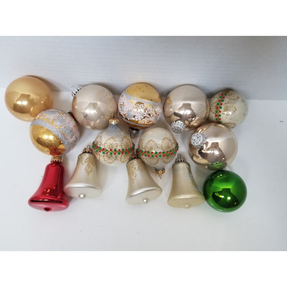 Lot of 14 Random Glass Christmas Ornaments Vintage Bells Glitter